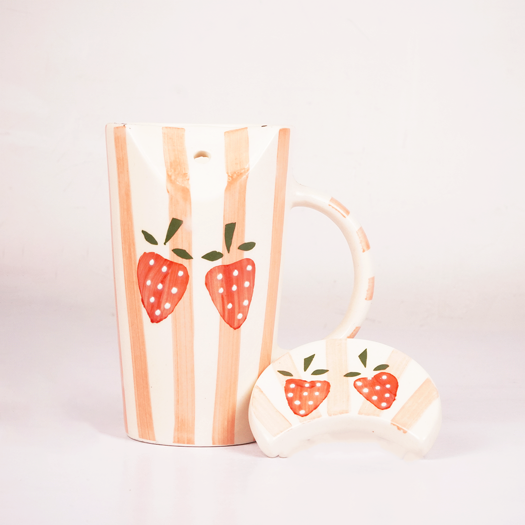 White Ceramic Strawberry Mug with Spoon – Hand-Painted Fruit Print Coffee & Tea Cup Set