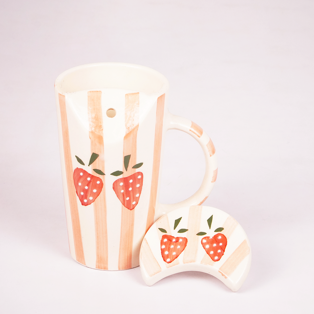 White Ceramic Strawberry Mug with Spoon – Hand-Painted Fruit Print Coffee & Tea Cup Set