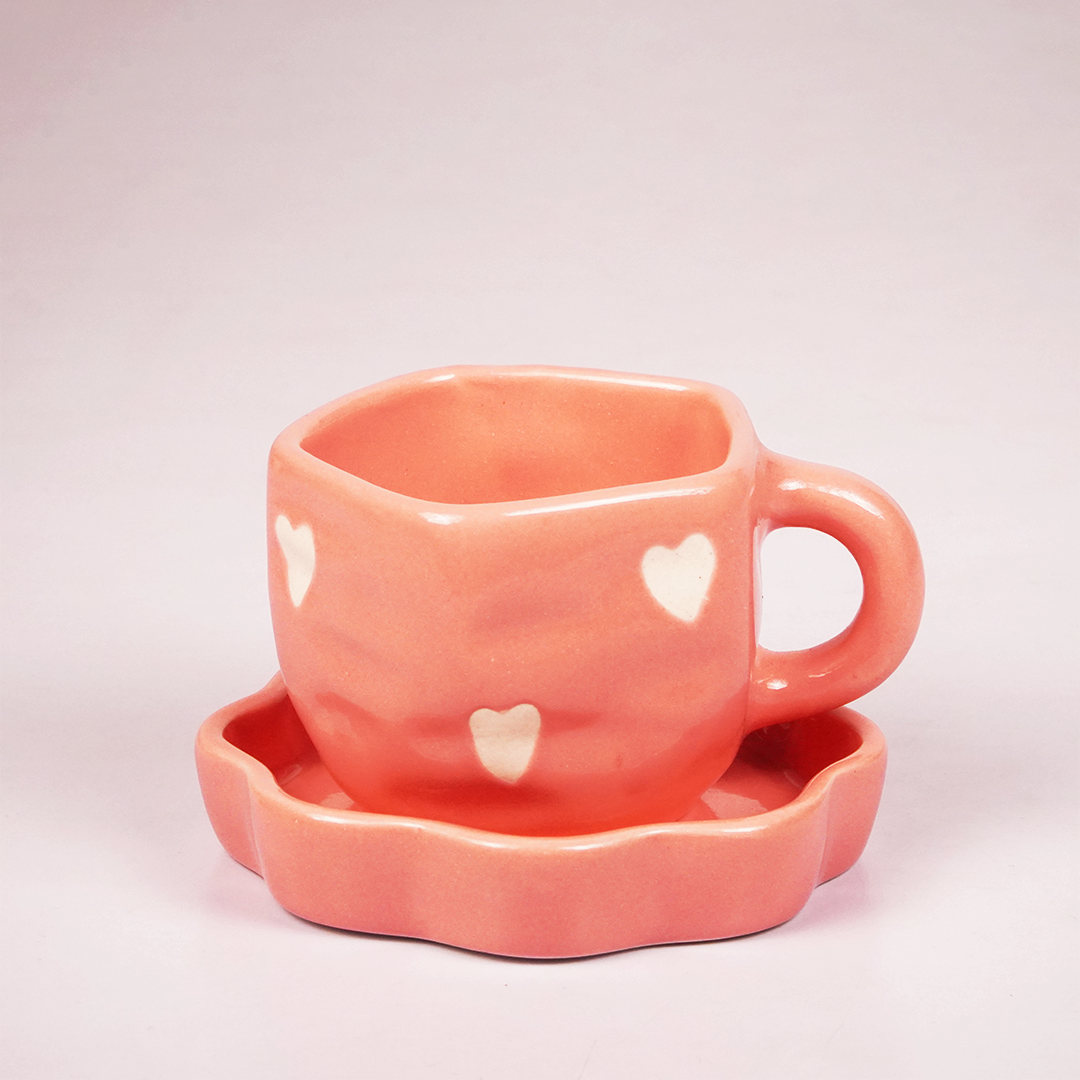 Peach Pink Ceramic Heart Mug with Saucer – Cute Aesthetic Coffee & Tea Cup Set