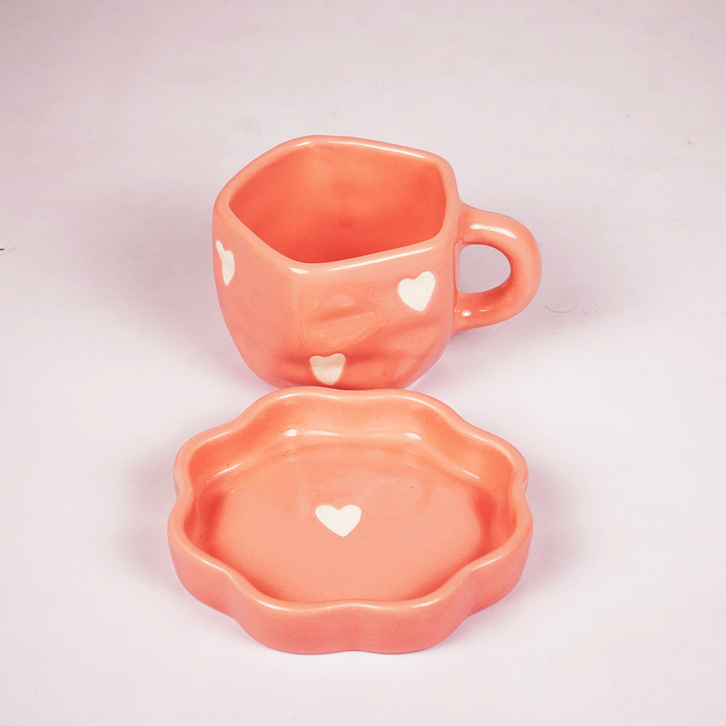 Peach Pink Ceramic Heart Mug with Saucer – Cute Aesthetic Coffee & Tea Cup Set