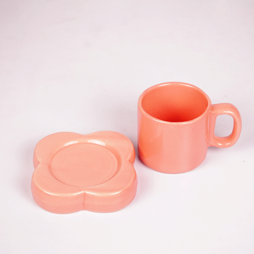 Peach Pink Ceramic Mug with Saucer – Minimalist Glossy Coffee & Tea Cup Set