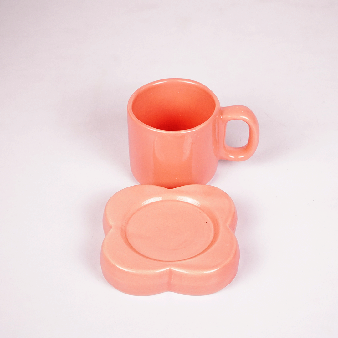 Peach Pink Ceramic Mug with Saucer – Minimalist Glossy Coffee & Tea Cup Set