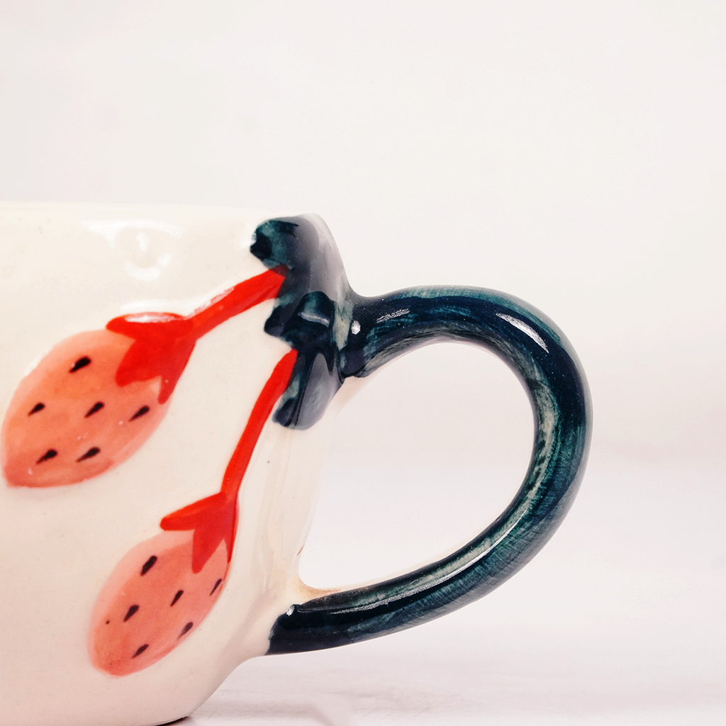 White Ceramic Strawberry Tea Cup & Saucer Set – Hand-Painted Fruit Design Coffee Cup
