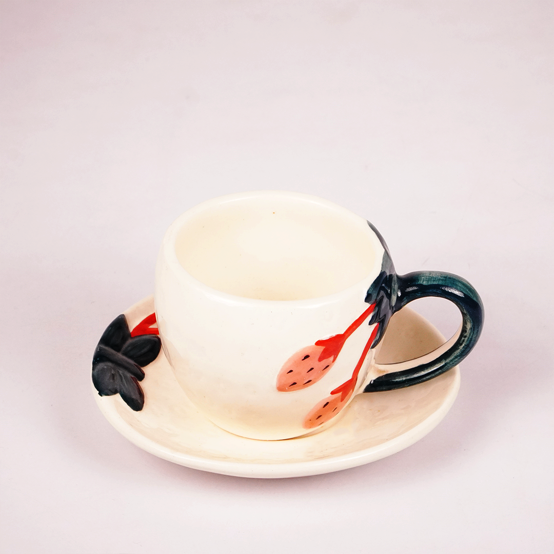 White Ceramic Strawberry Tea Cup & Saucer Set – Hand-Painted Fruit Design Coffee Cup