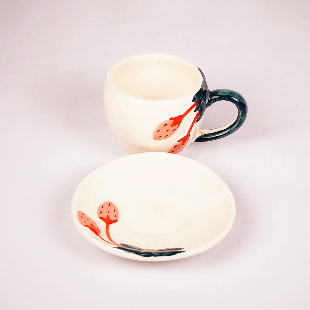 White Ceramic Strawberry Tea Cup & Saucer Set – Hand-Painted Fruit Design Coffee Cup