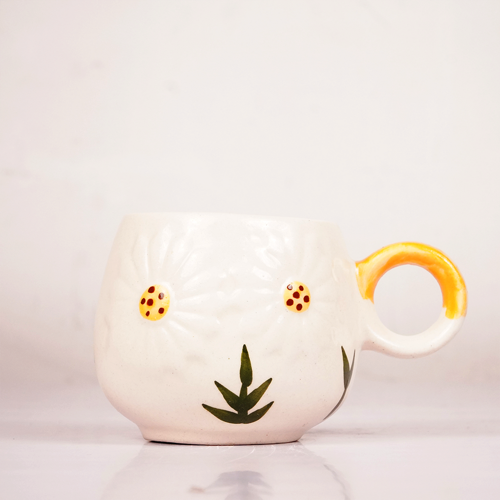 White Ceramic Sunflower Tea Cup & Saucer Set – Cute Floral Coffee Cup with Yellow Handle