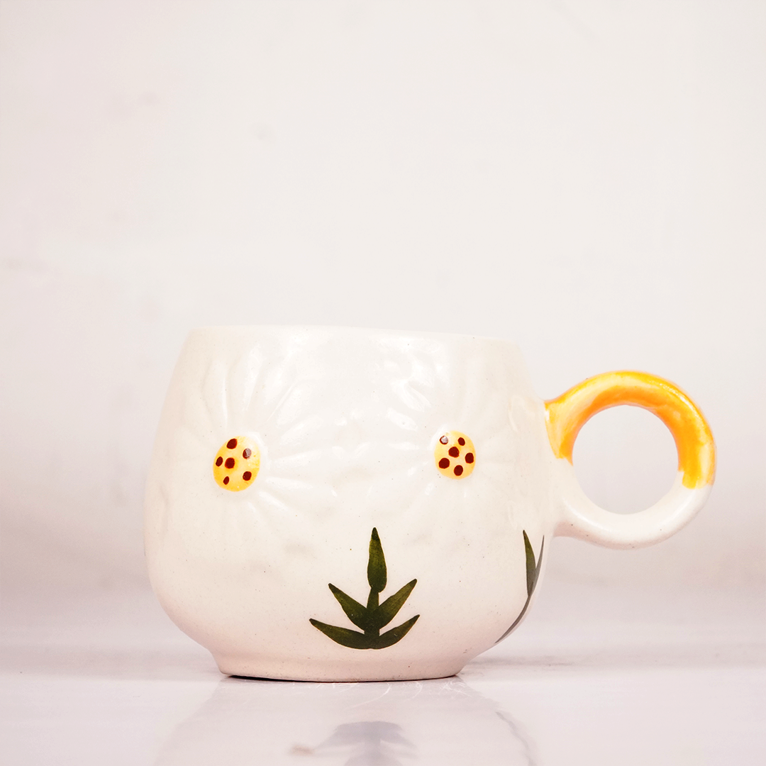 White Ceramic Sunflower Tea Cup & Saucer Set – Cute Floral Coffee Cup with Yellow Handle