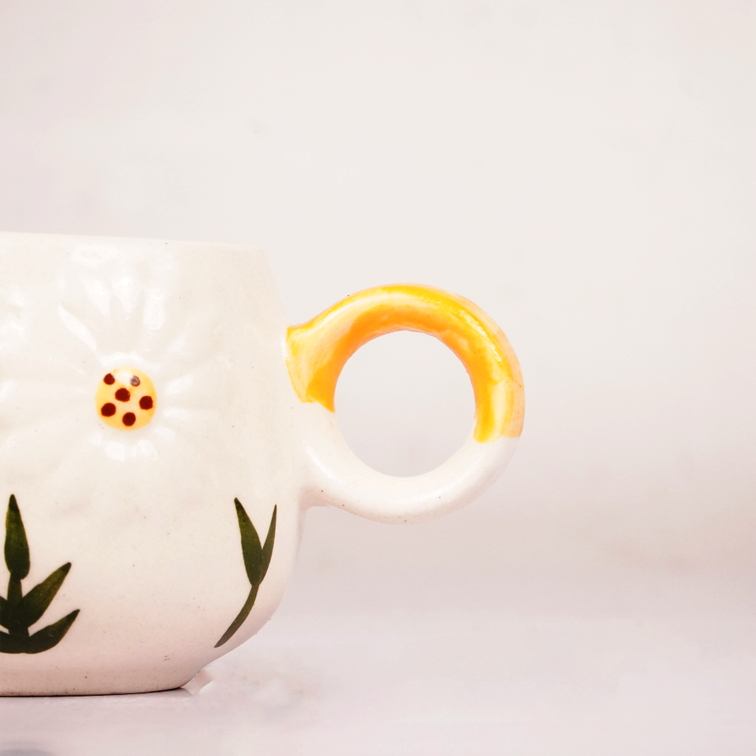 White Ceramic Sunflower Tea Cup & Saucer Set – Cute Floral Coffee Cup with Yellow Handle