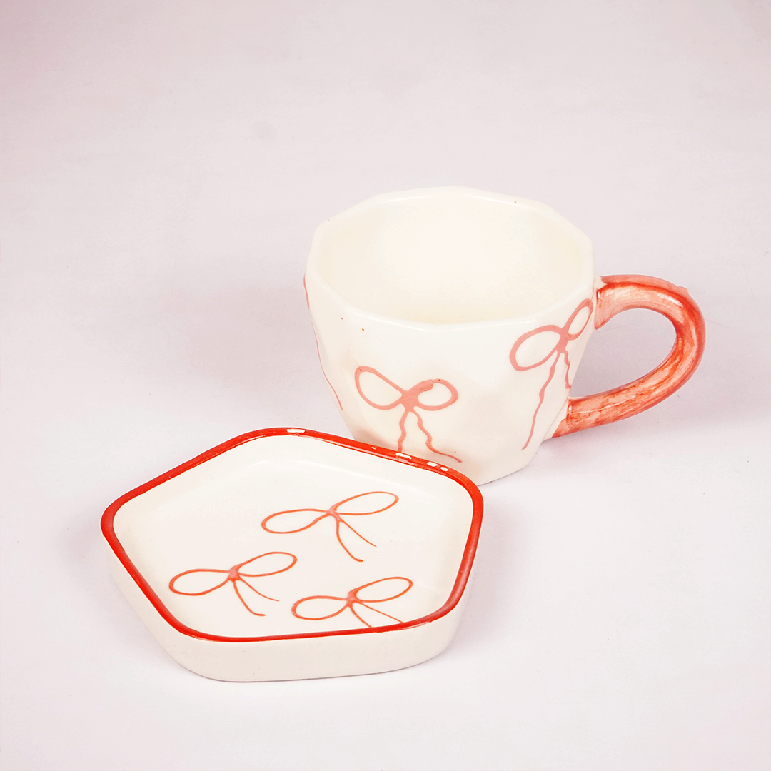 White Ceramic Bow Tea Cup & Saucer Set – Pink Hand-Painted Ribbon Coffee Cup