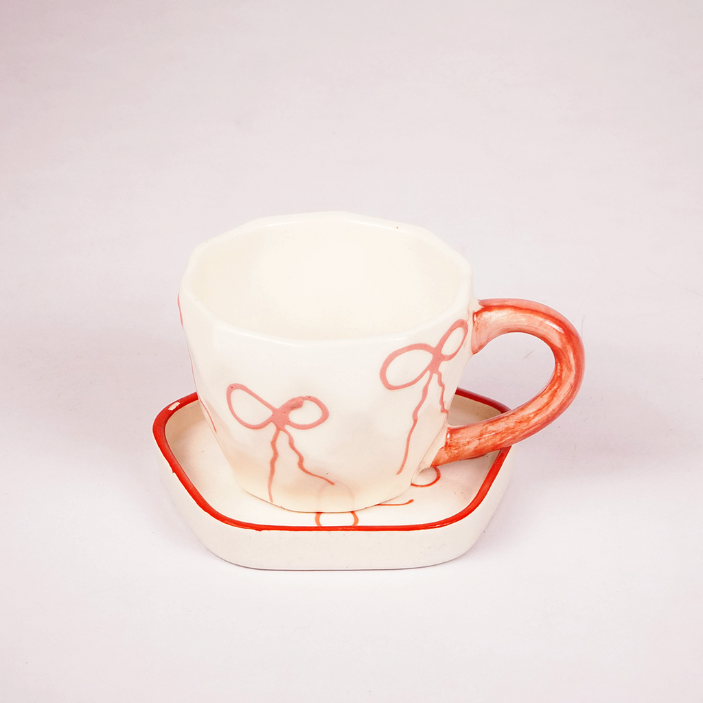White Ceramic Bow Tea Cup & Saucer Set – Pink Hand-Painted Ribbon Coffee Cup
