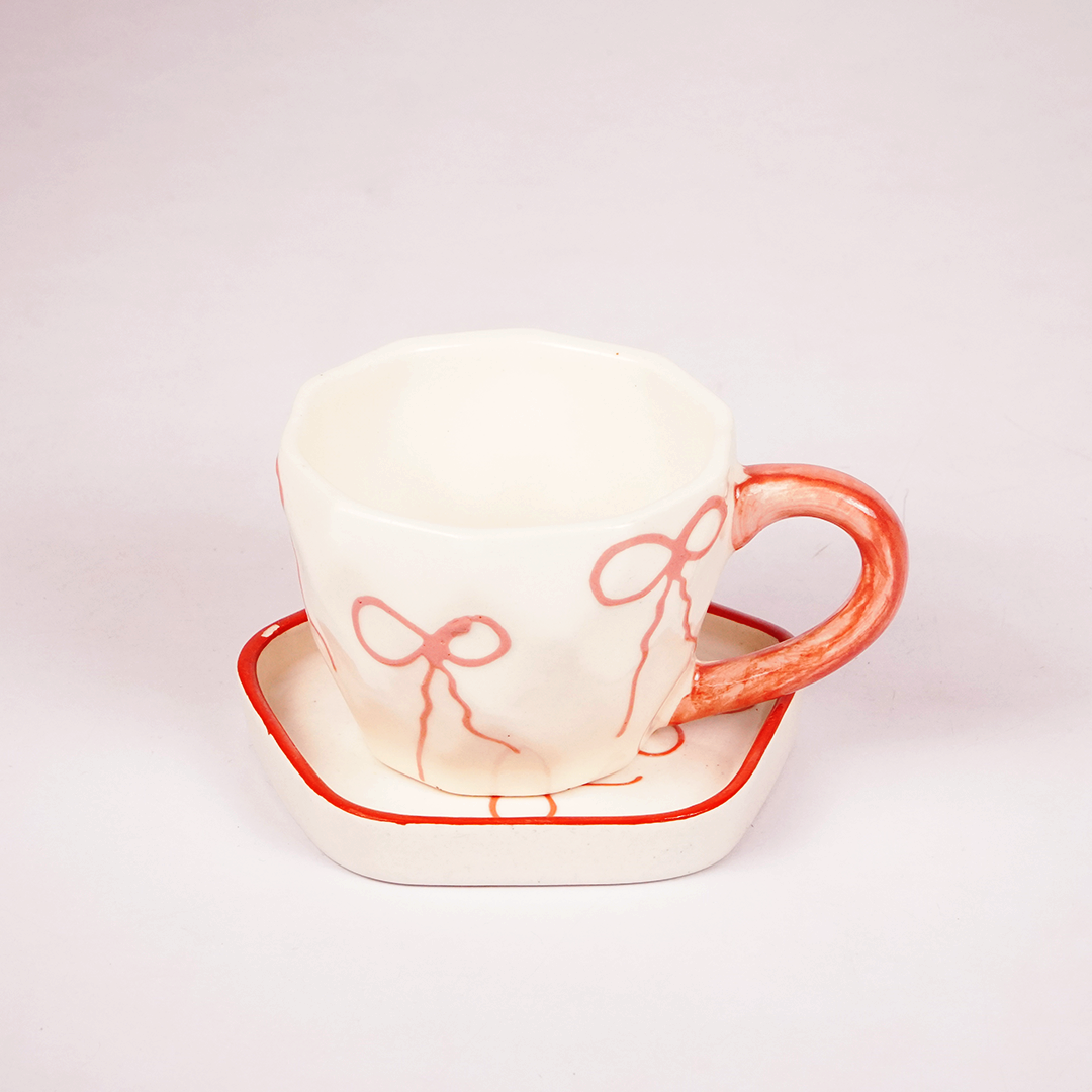 White Ceramic Bow Tea Cup & Saucer Set – Pink Hand-Painted Ribbon Coffee Cup