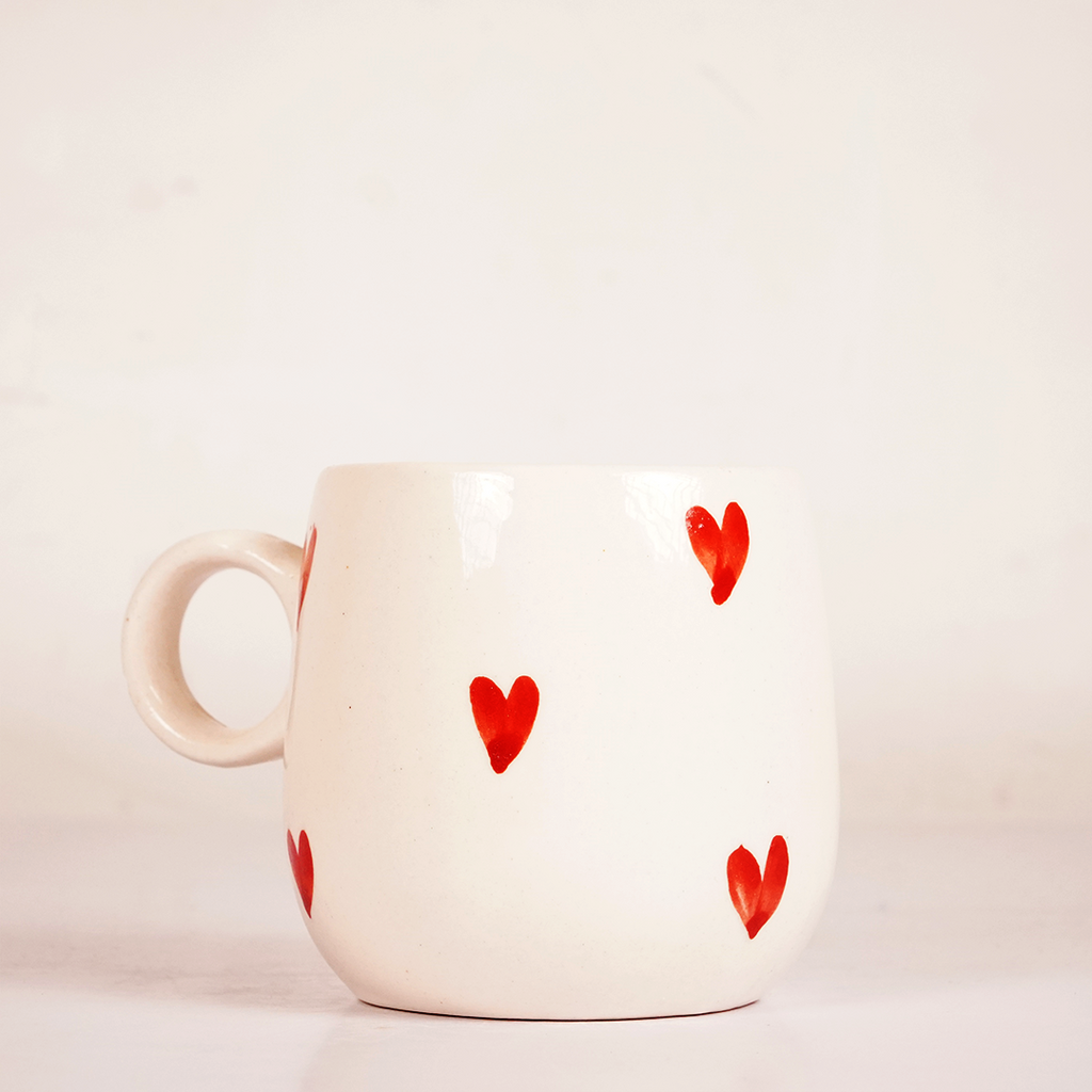 White Ceramic Heart Print Mug – Cute Red Heart Coffee & Tea Cup