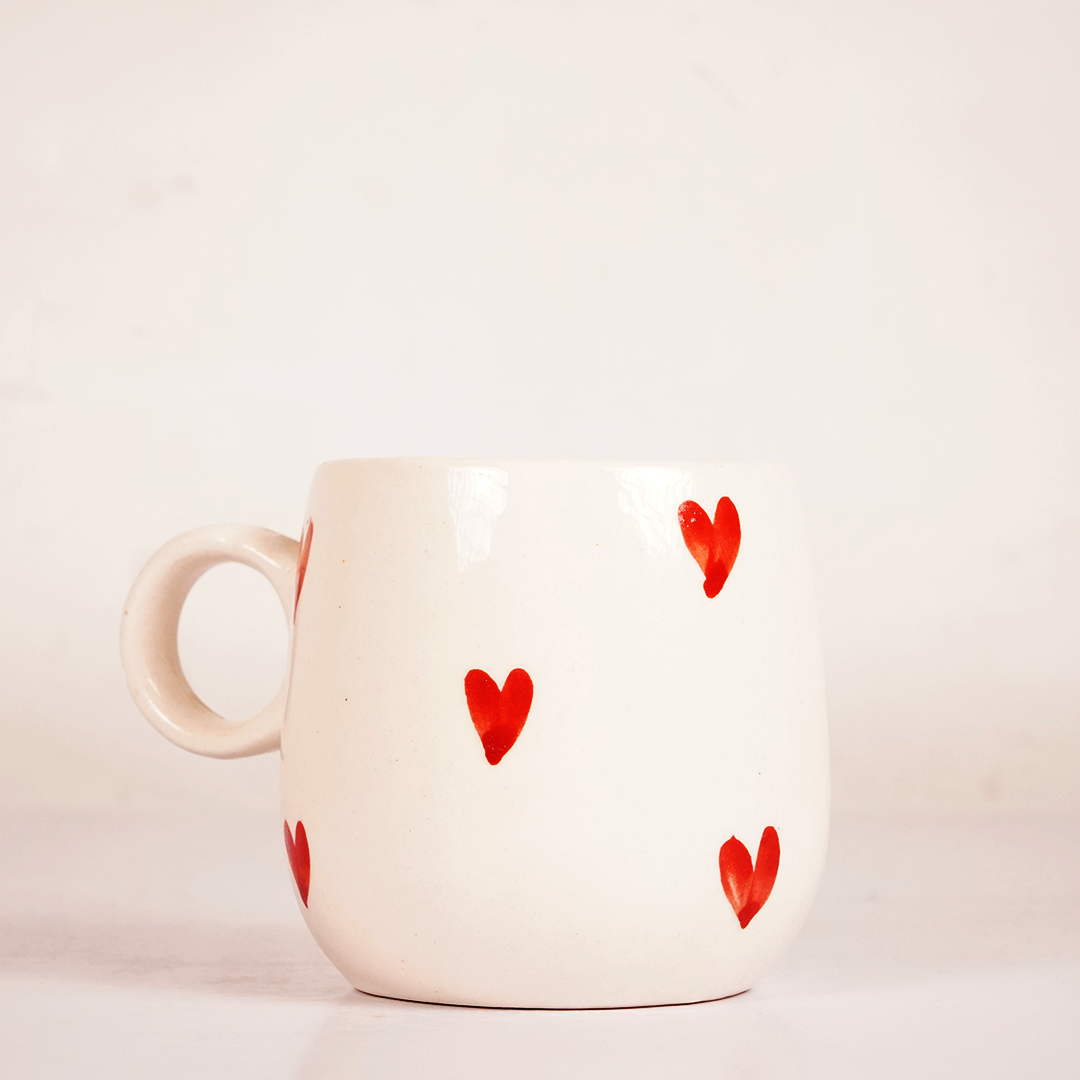 White Ceramic Heart Print Mug – Cute Red Heart Coffee & Tea Cup