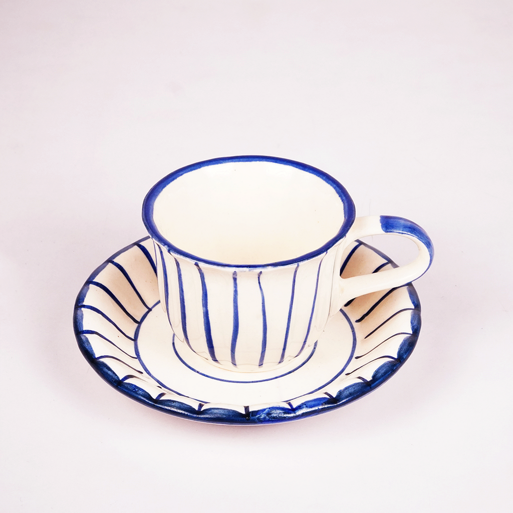 White Ceramic Tea Cup & Saucer Set – Blue Hand-Painted Striped Coffee Cup