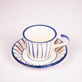 White Ceramic Tea Cup & Saucer Set – Blue Hand-Painted Striped Coffee Cup