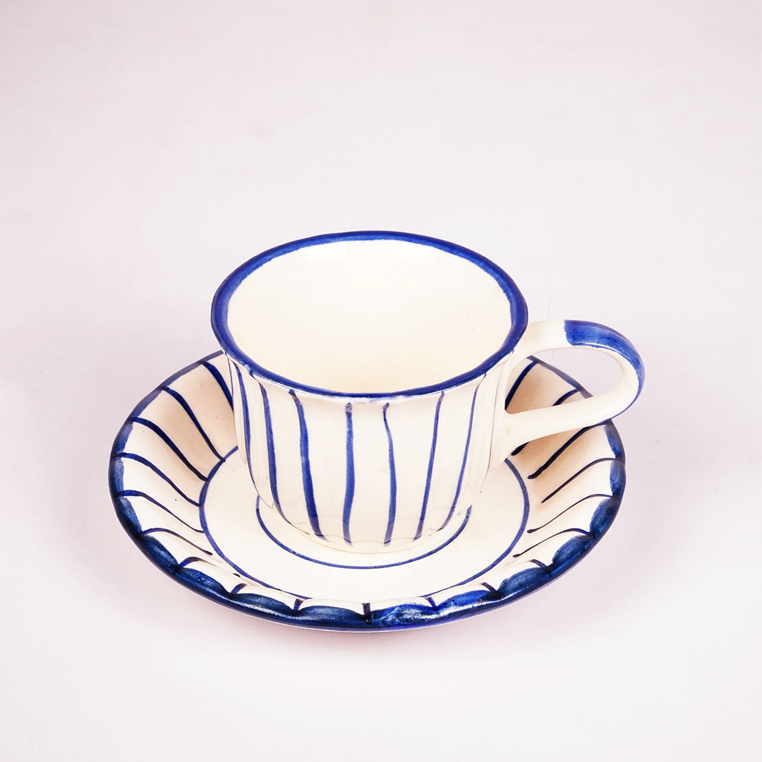 White Ceramic Tea Cup & Saucer Set – Blue Hand-Painted Striped Coffee Cup