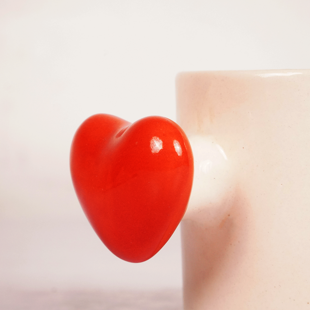 White Ceramic Mug with Red Heart Handle – Minimalist Cute Coffee & Tea Cup