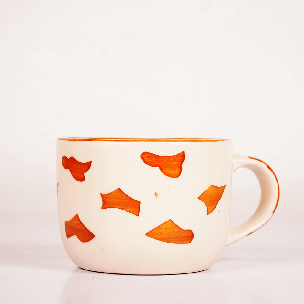 White Ceramic Abstract Pattern Mug – Hand-Painted Orange Print Coffee & Tea Cup
