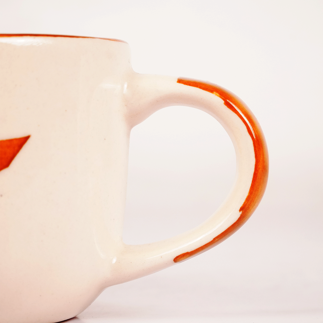 White Ceramic Abstract Pattern Mug – Hand-Painted Orange Print Coffee & Tea Cup