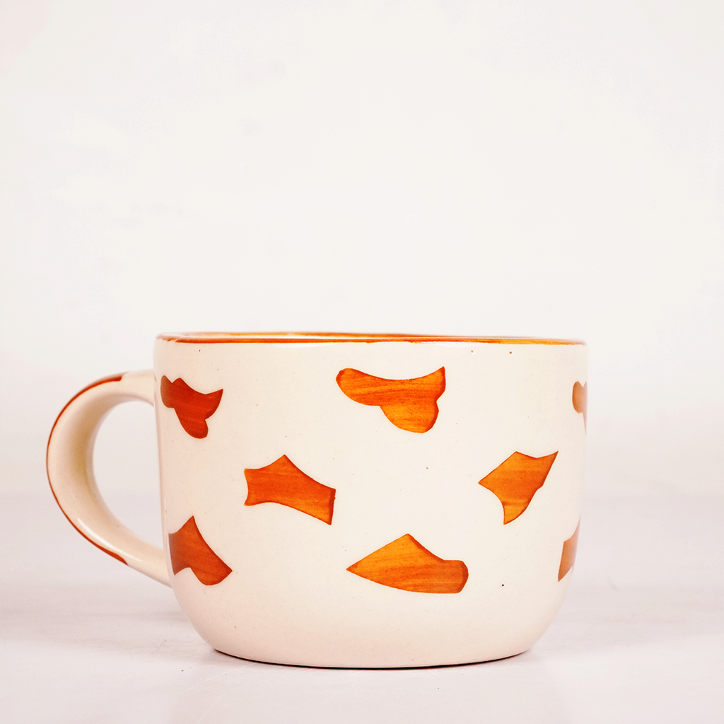 White Ceramic Abstract Pattern Mug – Hand-Painted Orange Print Coffee & Tea Cup