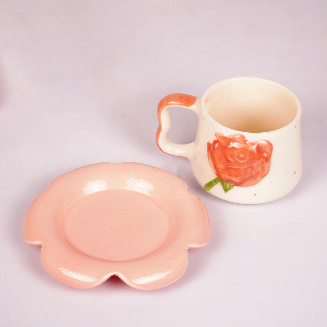White Ceramic Rose Tea Cup & Saucer Set – Pink Floral Coffee Cup with Flower-Shaped Saucer