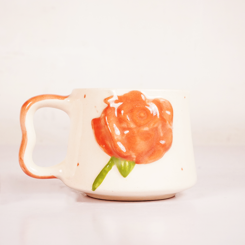 White Ceramic Rose Tea Cup & Saucer Set – Pink Floral Coffee Cup with Flower-Shaped Saucer