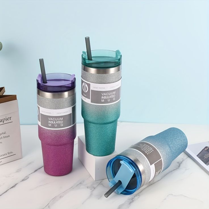 Stainless Steel Water Bottle 30oz, Diamond Painted Coffee Beer Mug, Straw Lid, Leakproof, Travel, Fitness, Sports