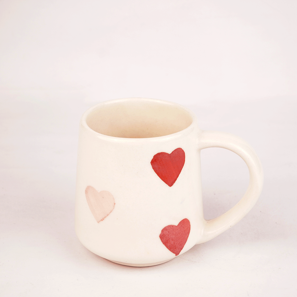 White Ceramic Heart Print Mug – Cute Hand-Painted Love Design Coffee & Tea Cup