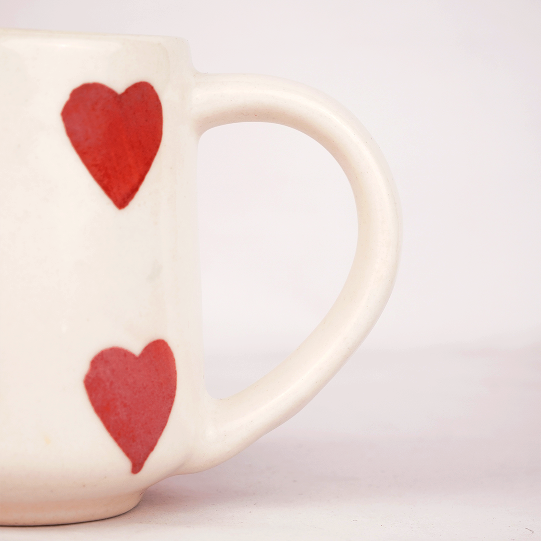 White Ceramic Heart Print Mug – Cute Hand-Painted Love Design Coffee & Tea Cup