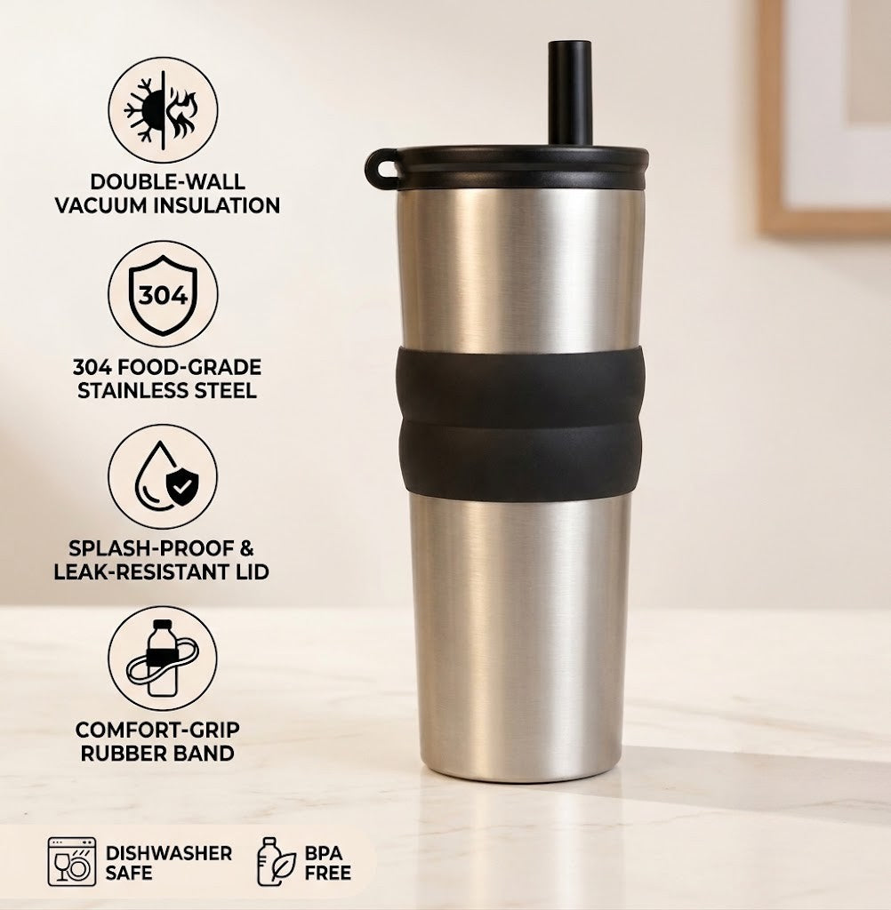 Stainless Steel Travel Tumbler with Straw | 700ml Insulated Reusable Cup for Hot & Cold Drinks