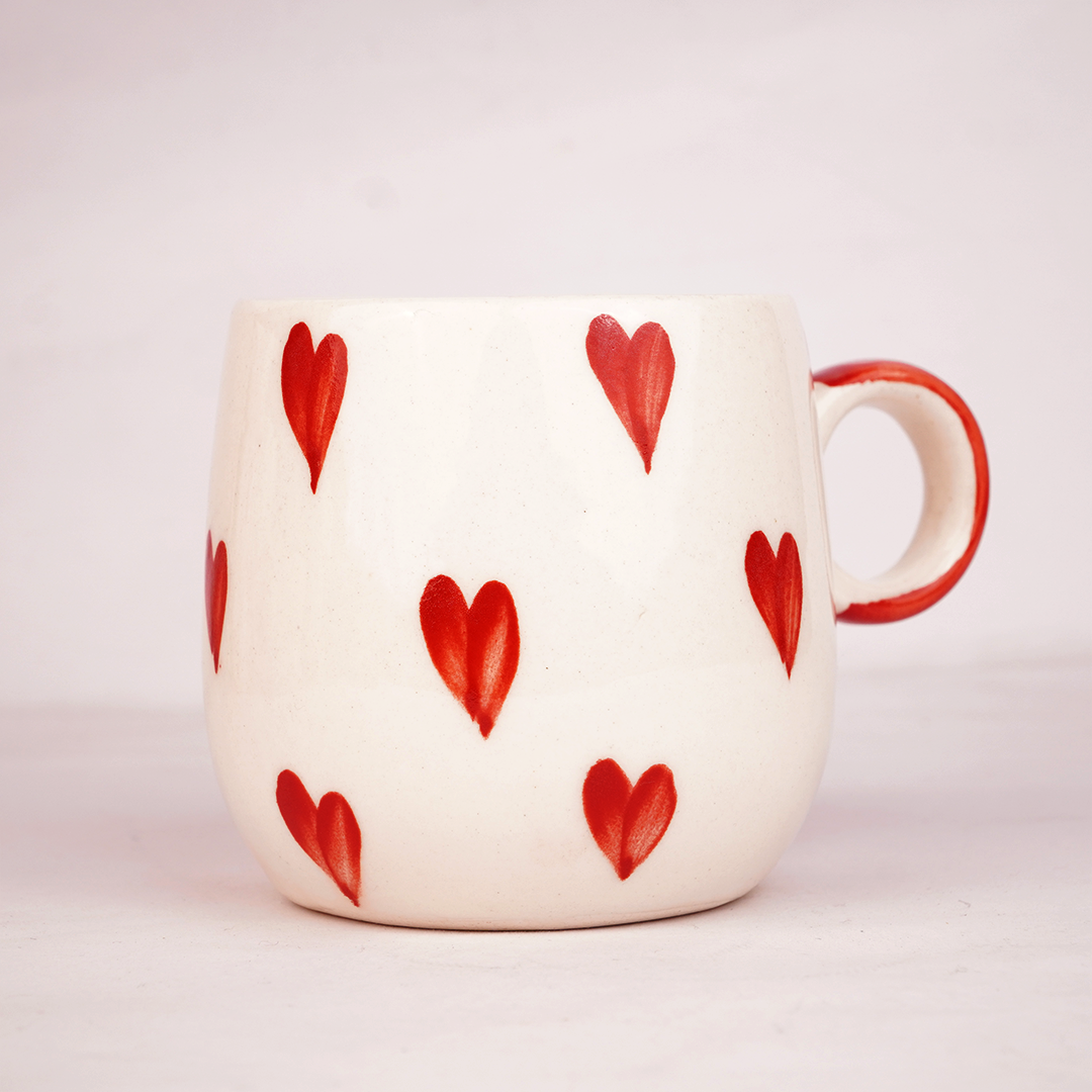 White Ceramic Heart Mug – Hand-Painted Red Heart Print Coffee & Tea Cup