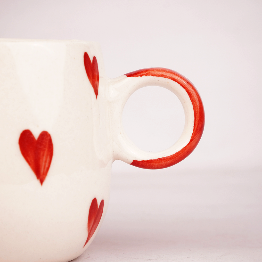 White Ceramic Heart Mug – Hand-Painted Red Heart Print Coffee & Tea Cup