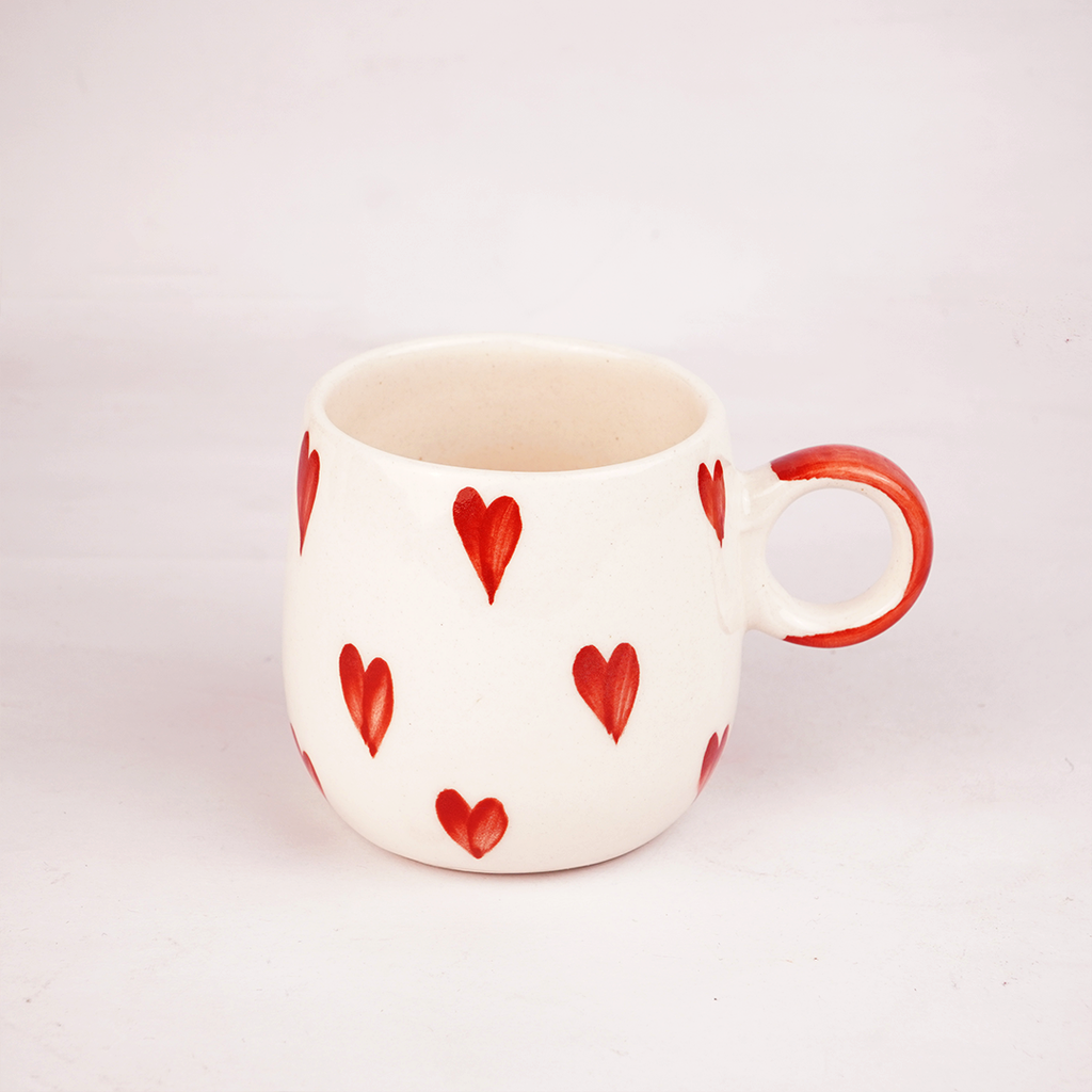 White Ceramic Heart Mug – Hand-Painted Red Heart Print Coffee & Tea Cup