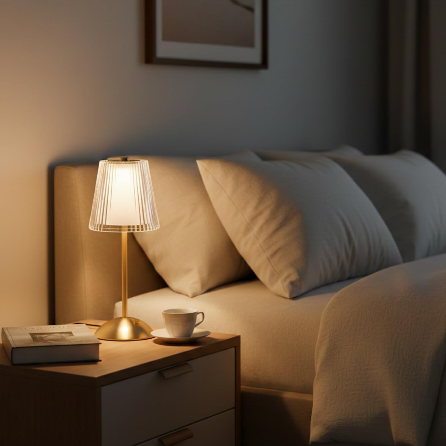 Luxury Rechargeable Fabric White Table Lamp with Touch Control