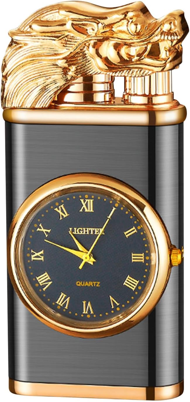 Vintage Dragon Flame Lighter with Built-In Watch – Dual Flame & Windproof Elegance