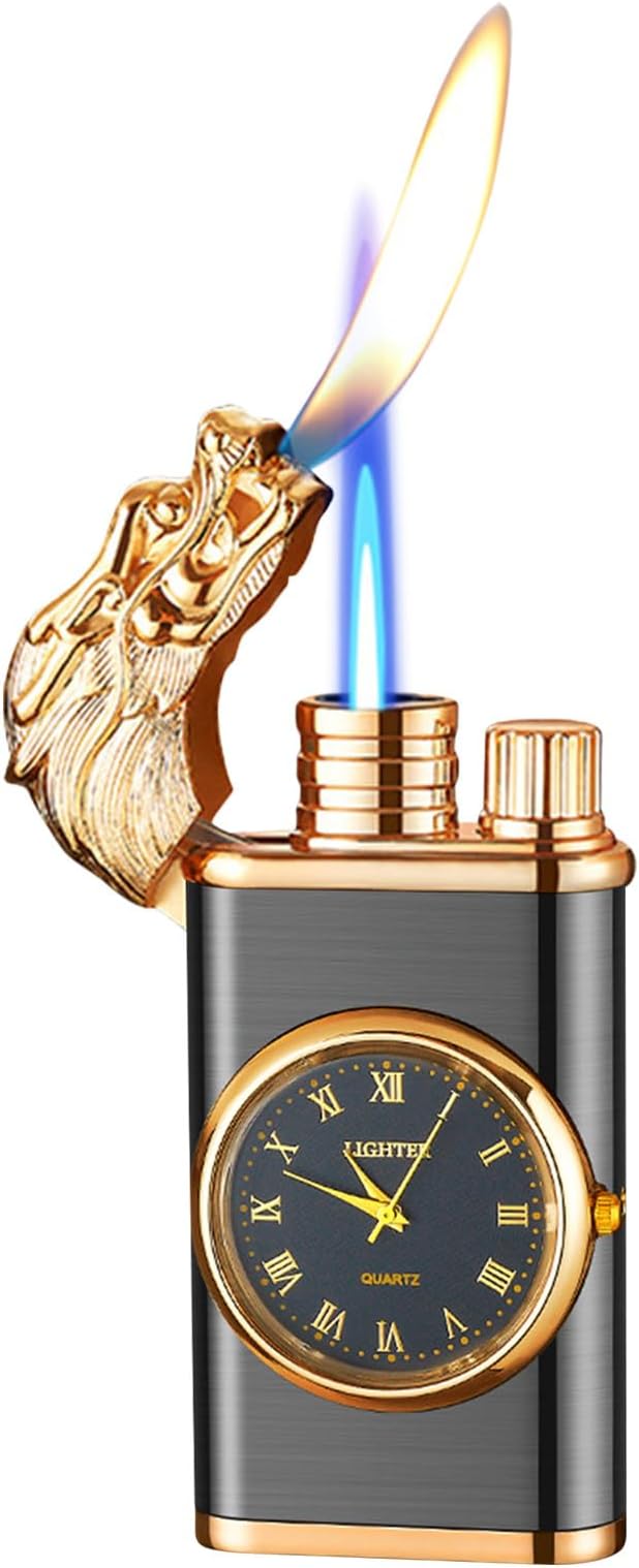 Vintage Dragon Flame Lighter with Built-In Watch – Dual Flame & Windproof Elegance