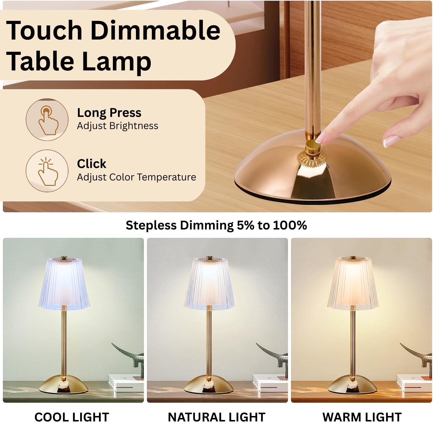 Luxury Rechargeable Fabric White Table Lamp with Touch Control