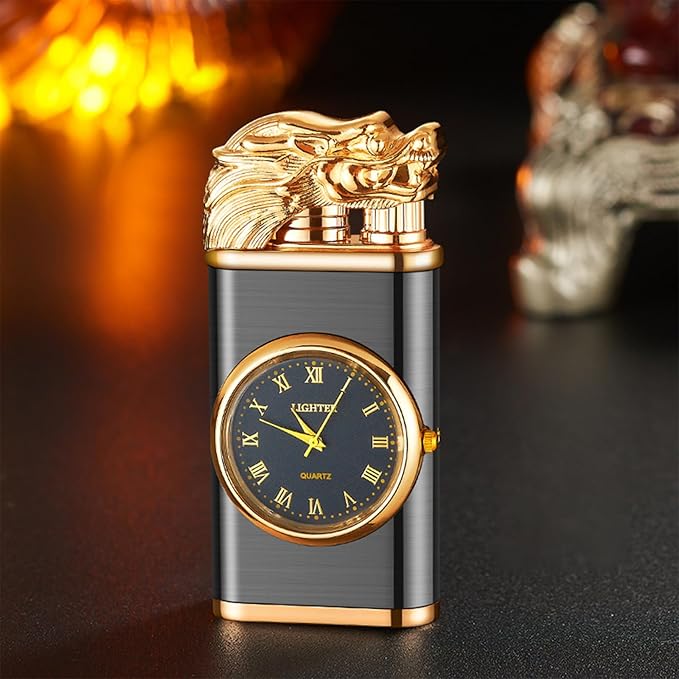 Vintage Dragon Flame Lighter with Built-In Watch – Dual Flame & Windproof Elegance