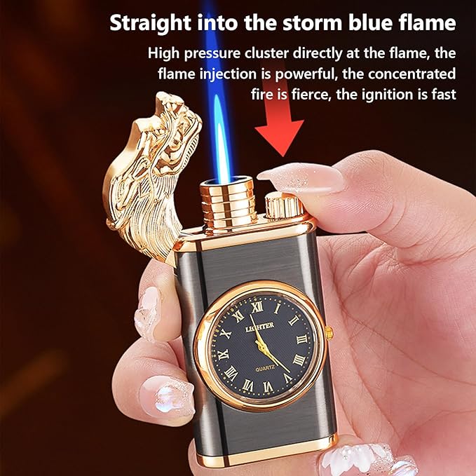Vintage Dragon Flame Lighter with Built-In Watch – Dual Flame & Windproof Elegance