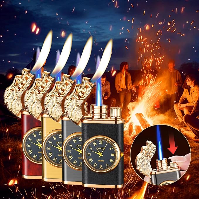 Vintage Dragon Flame Lighter with Built-In Watch – Dual Flame & Windproof Elegance