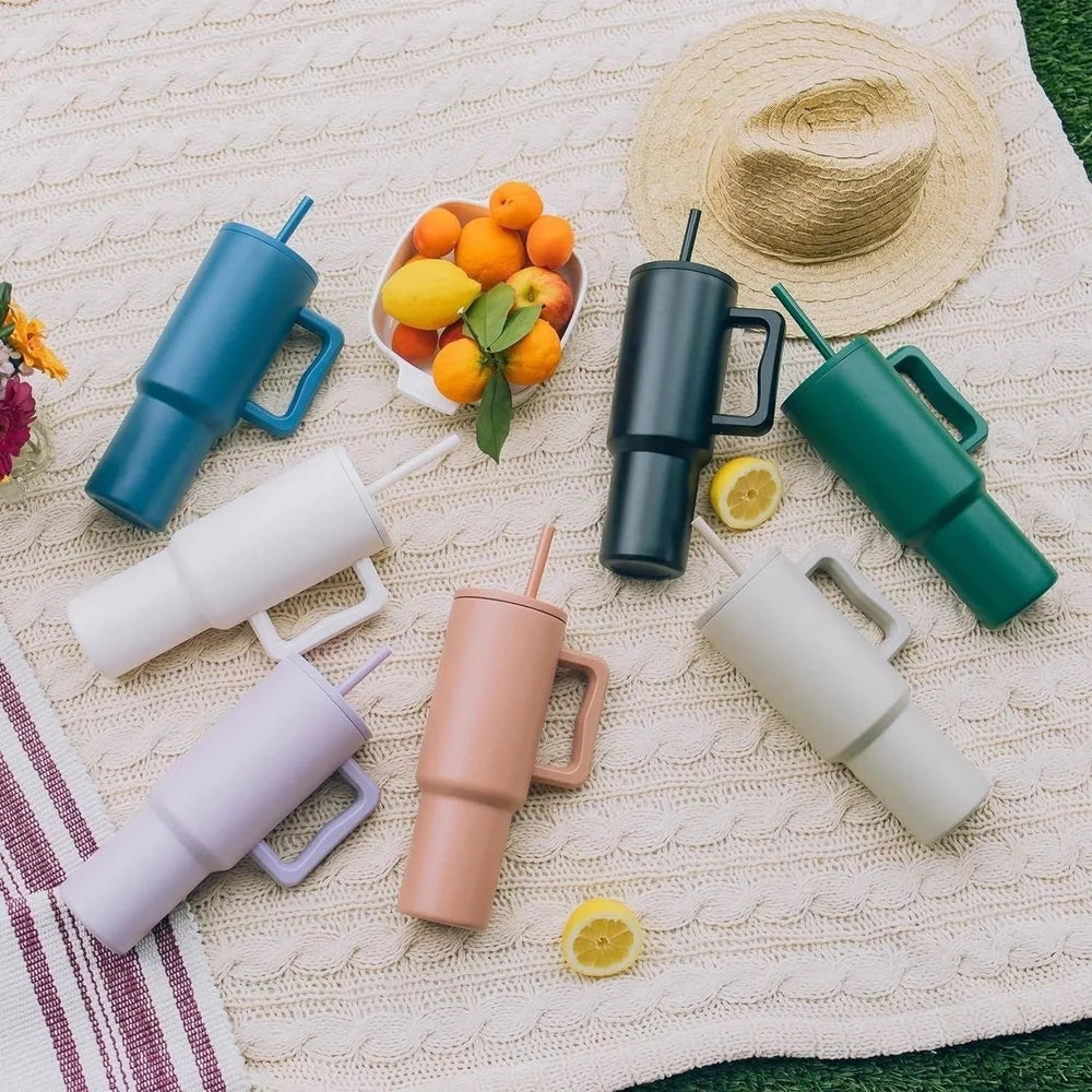 Stainless Steel Tumbler – Matte Finish |Sipper | Leak-Proof | With 2 Straw & Brush 1.2L