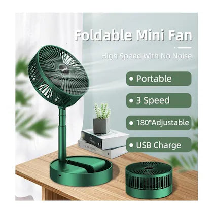 🌿 Powerful Rechargeable Foldable Desk Fan – Adjustable Height, Compact & Portable Air Cooler for Home, Office, Travel & Outdoor (Green)