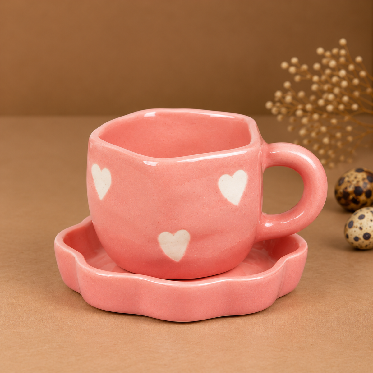 Peach Pink Ceramic Heart Mug with Saucer – Cute Aesthetic Coffee & Tea Cup Set
