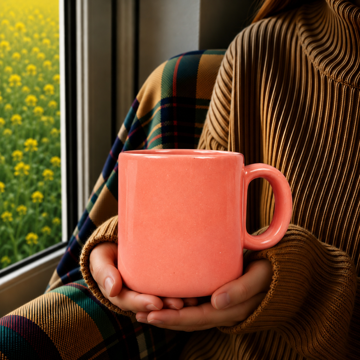 Peach Pink Ceramic Mug with Saucer – Minimalist Glossy Coffee & Tea Cup Set