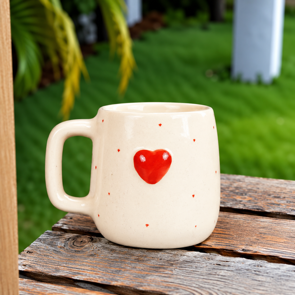 White Ceramic Heart Print Mug – Cute Red Heart Coffee & Tea Cup