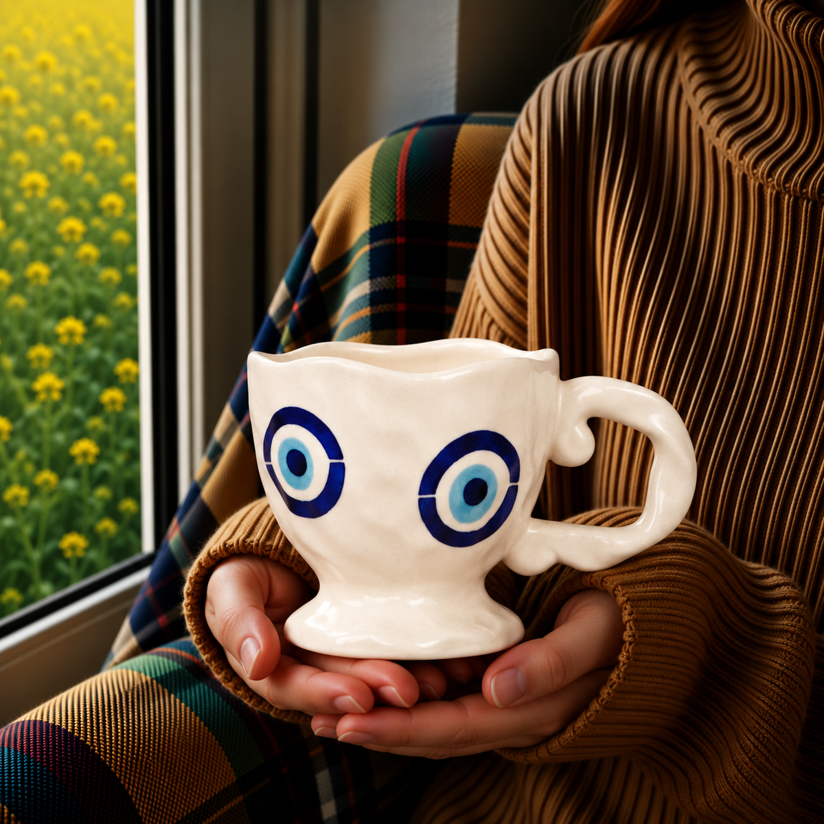 White Ceramic Eye Mug – Cute Blue Evil Eye Inspired Coffee & Tea Cup
