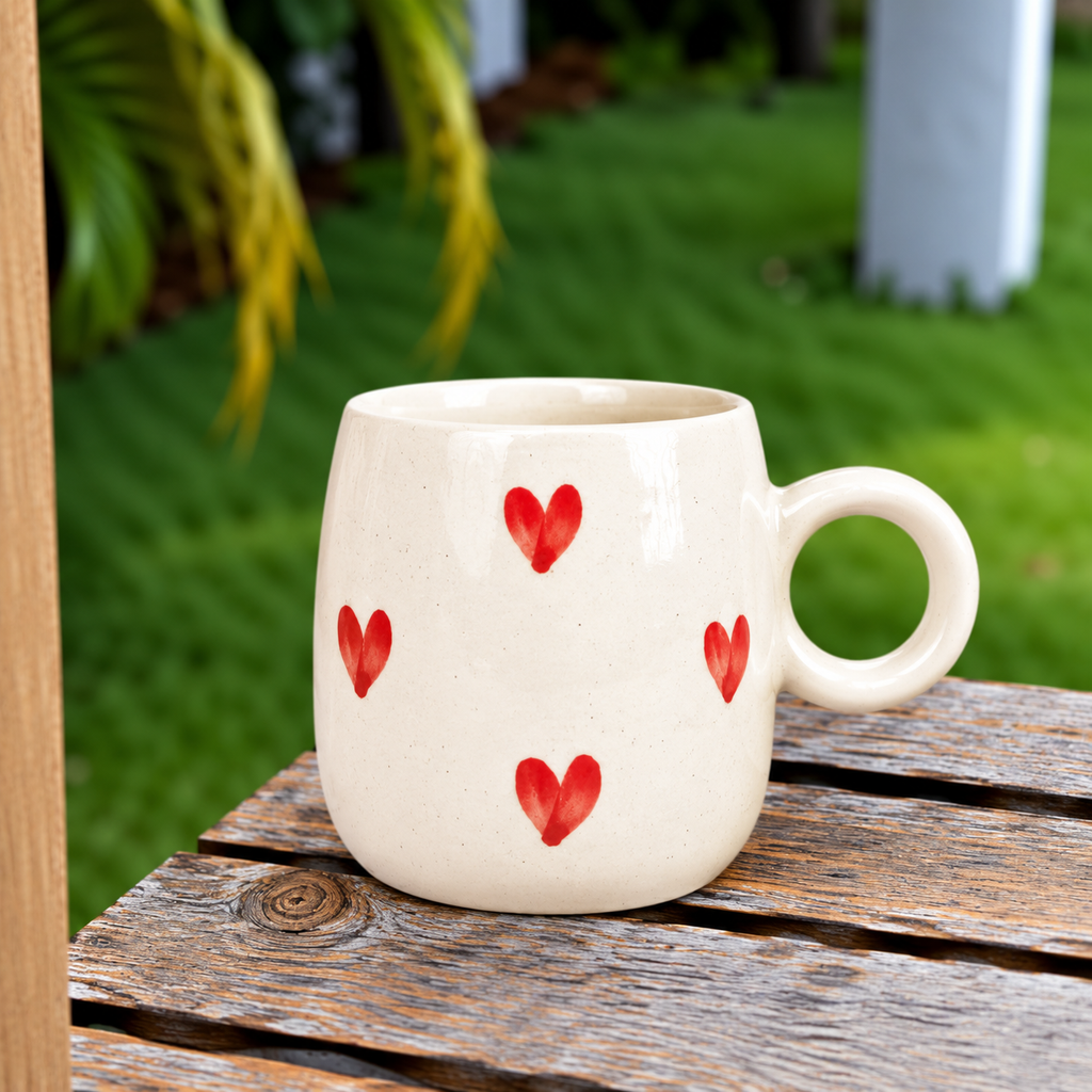 White Ceramic Heart Print Mug – Cute Red Heart Coffee & Tea Cup