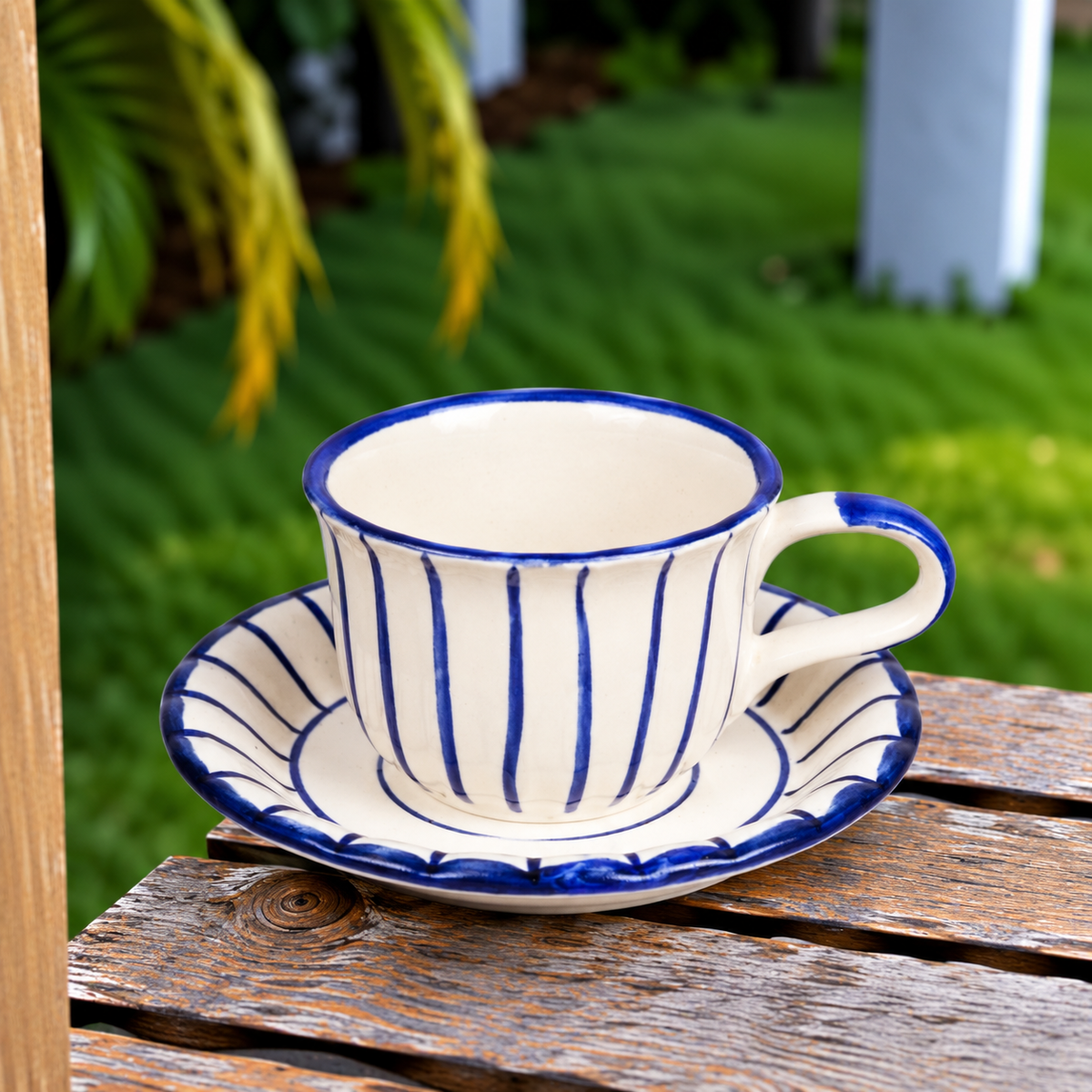White Ceramic Tea Cup & Saucer Set – Blue Hand-Painted Striped Coffee Cup