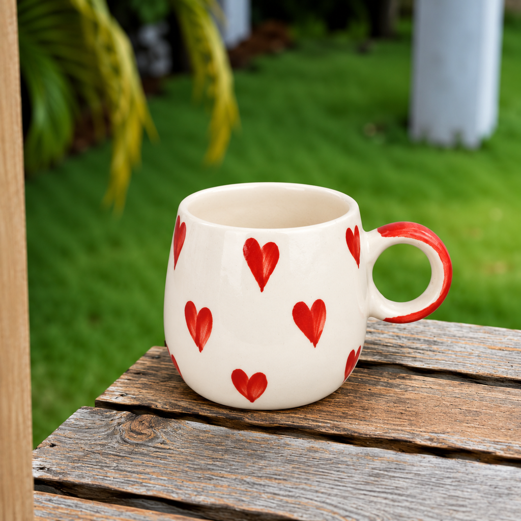 White Ceramic Heart Mug – Hand-Painted Red Heart Print Coffee & Tea Cup