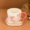 White Ceramic Bow Tea Cup & Saucer Set – Pink Hand-Painted Ribbon Coffee Cup
